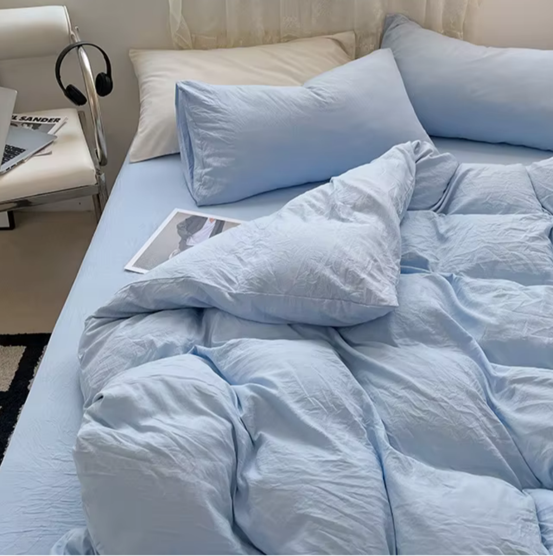 Jogo de Duvet Solid Washed de Algodão 4 Peças - Azul Pastel