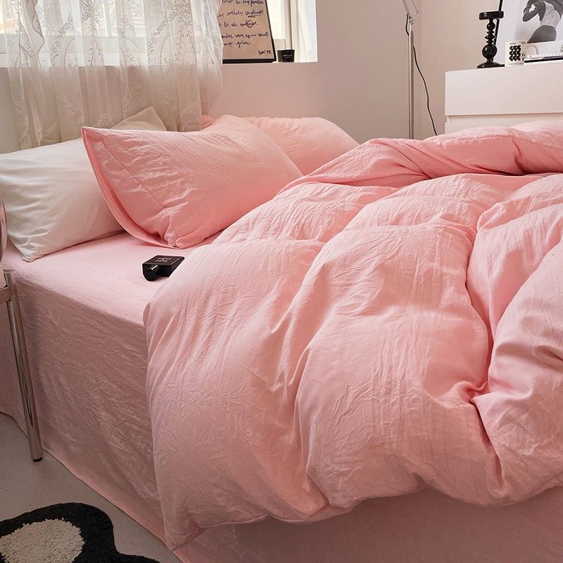 Jogo de Duvet Solid Washed de Algodão 4 Peças - Rosa Pastel