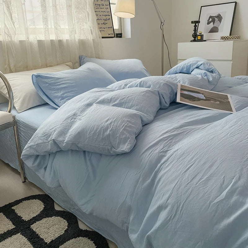 Jogo de Duvet Solid Washed de Algodão 4 Peças - Azul Pastel