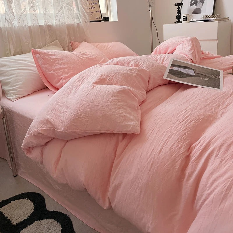 Jogo de Duvet Solid Washed de Algodão 4 Peças - Rosa Pastel