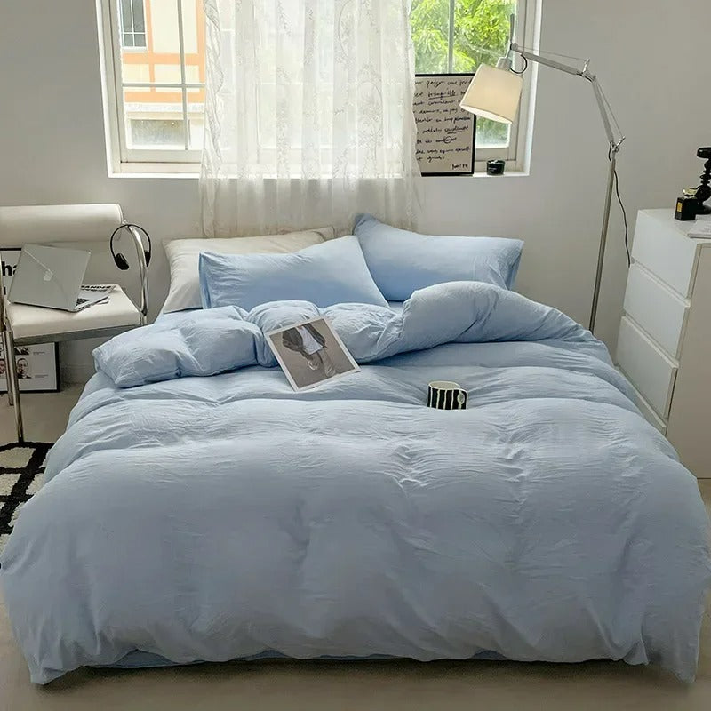Jogo de Duvet Solid Washed de Algodão 4 Peças - Azul Pastel