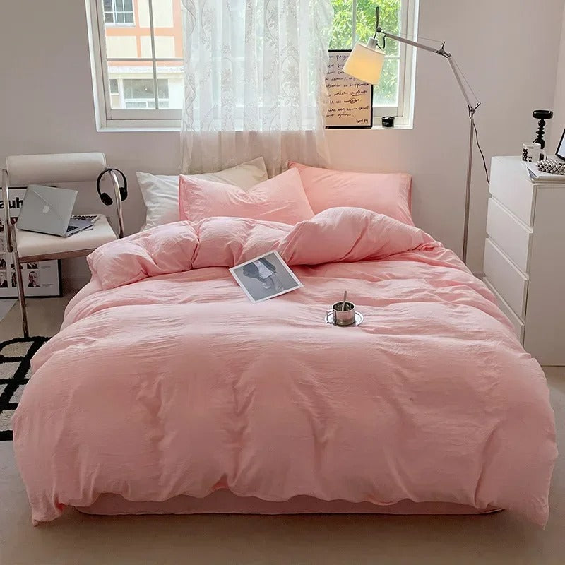 Jogo de Duvet Solid Washed de Algodão 4 Peças - Rosa Pastel