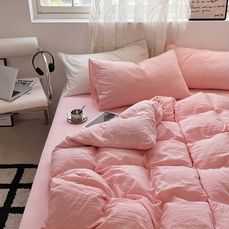 Jogo de Duvet Solid Washed de Algodão 4 Peças - Rosa Pastel