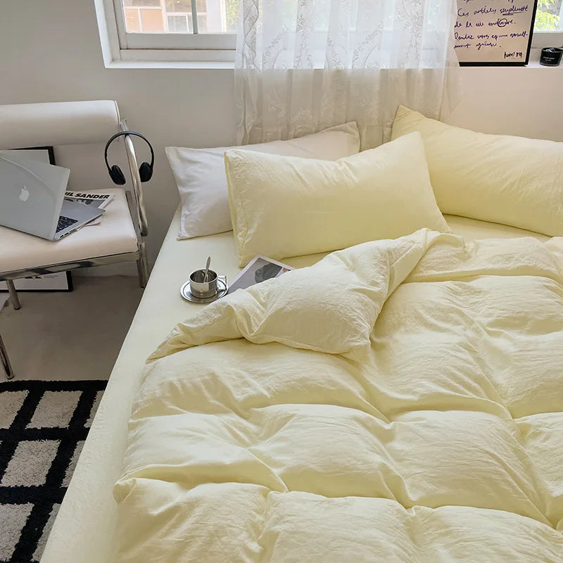 Jogo de Duvet Solid Washed de Algodão 4 Peças - Amarelo Pastel