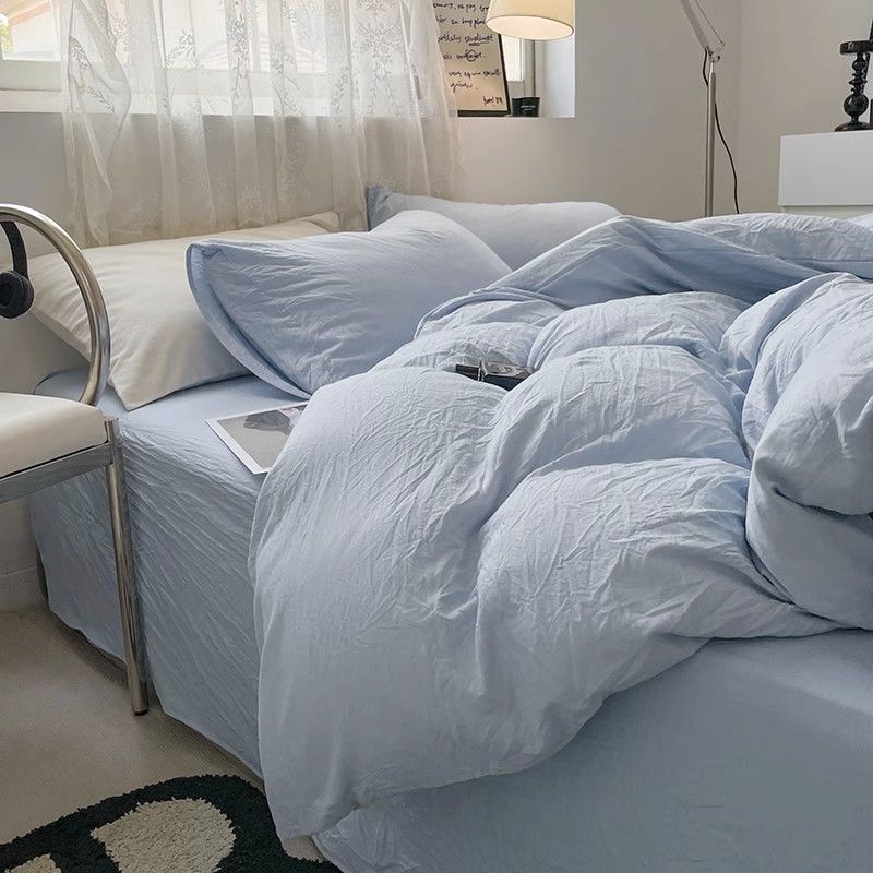 Jogo de Duvet Solid Washed de Algodão 4 Peças - Azul Pastel